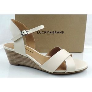 Women's Shoes Lucky Brand Jaidan Low Wedge Sandals Leather Linen Beige Size 10